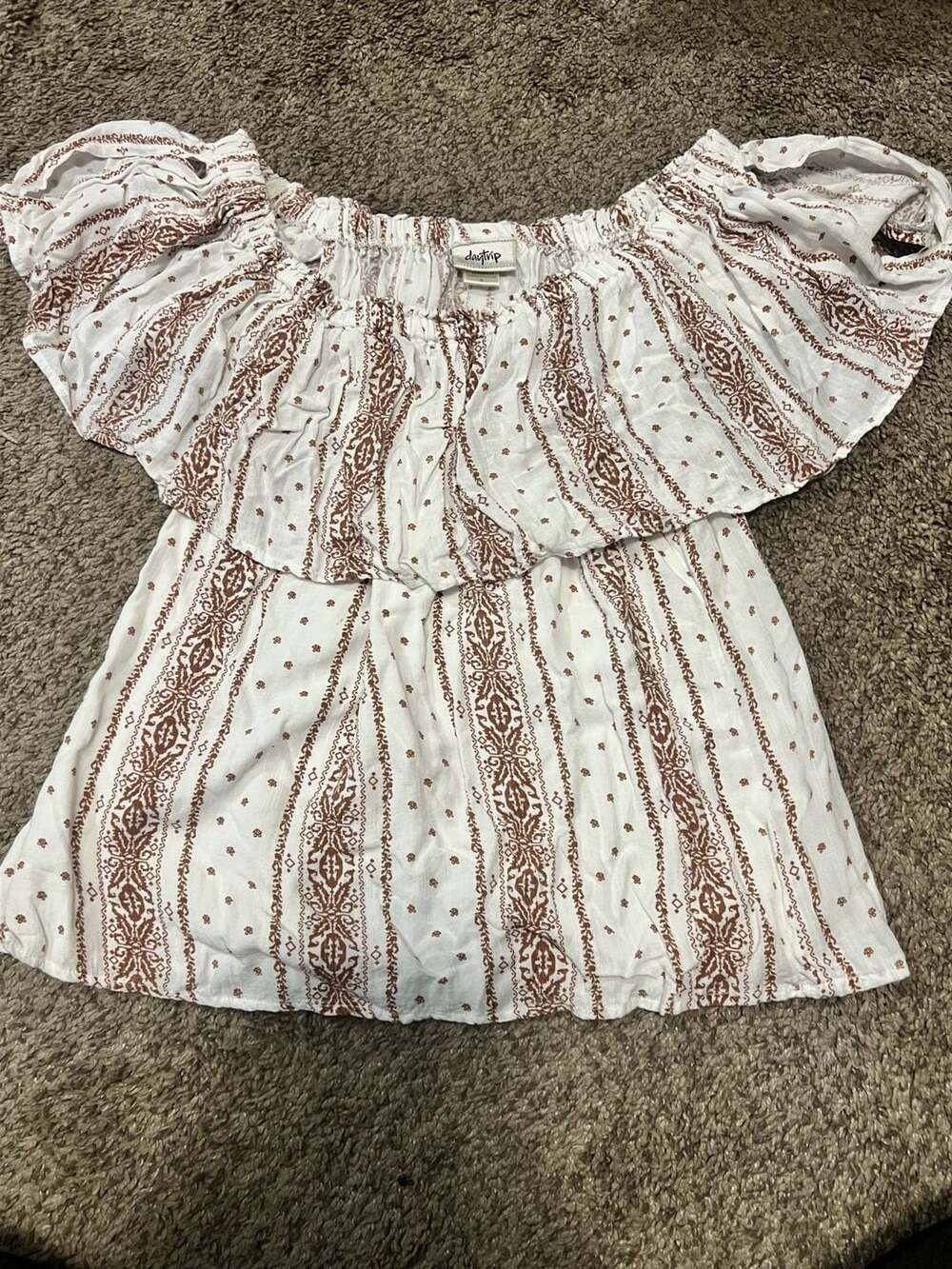Buy 2 Get 1 Free!!    Lush White Off-Shoulder Peasant Top with Rust Stripe Print